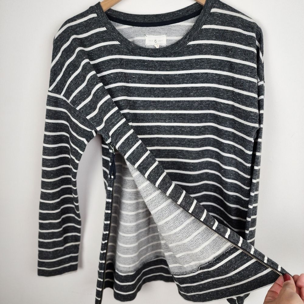 Lou & Grey Striped Side Zip Long Sleeve Top Grey White Cotton Blend Size M - Picture 3 of 12